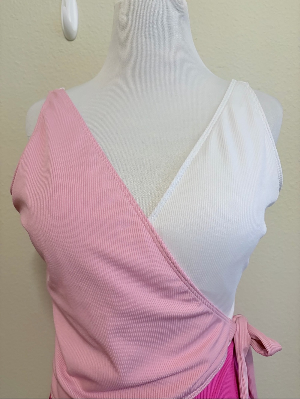 Pink & White large Colorblock Ribbed Wrap One-Piece Swimsuit - Picture 2 of 6